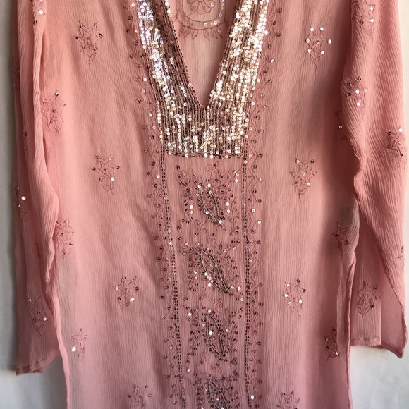Pia Hallstrom pink semi-sheer tunic with silver sequins, size M - Picture 3 of 15